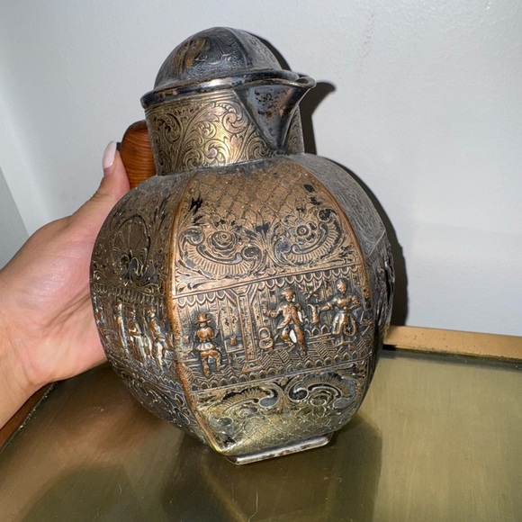 Antique E G Webster Silver Plate Copper Repousse Engraved Teapot Rattan Handle - Picture 2 of 8